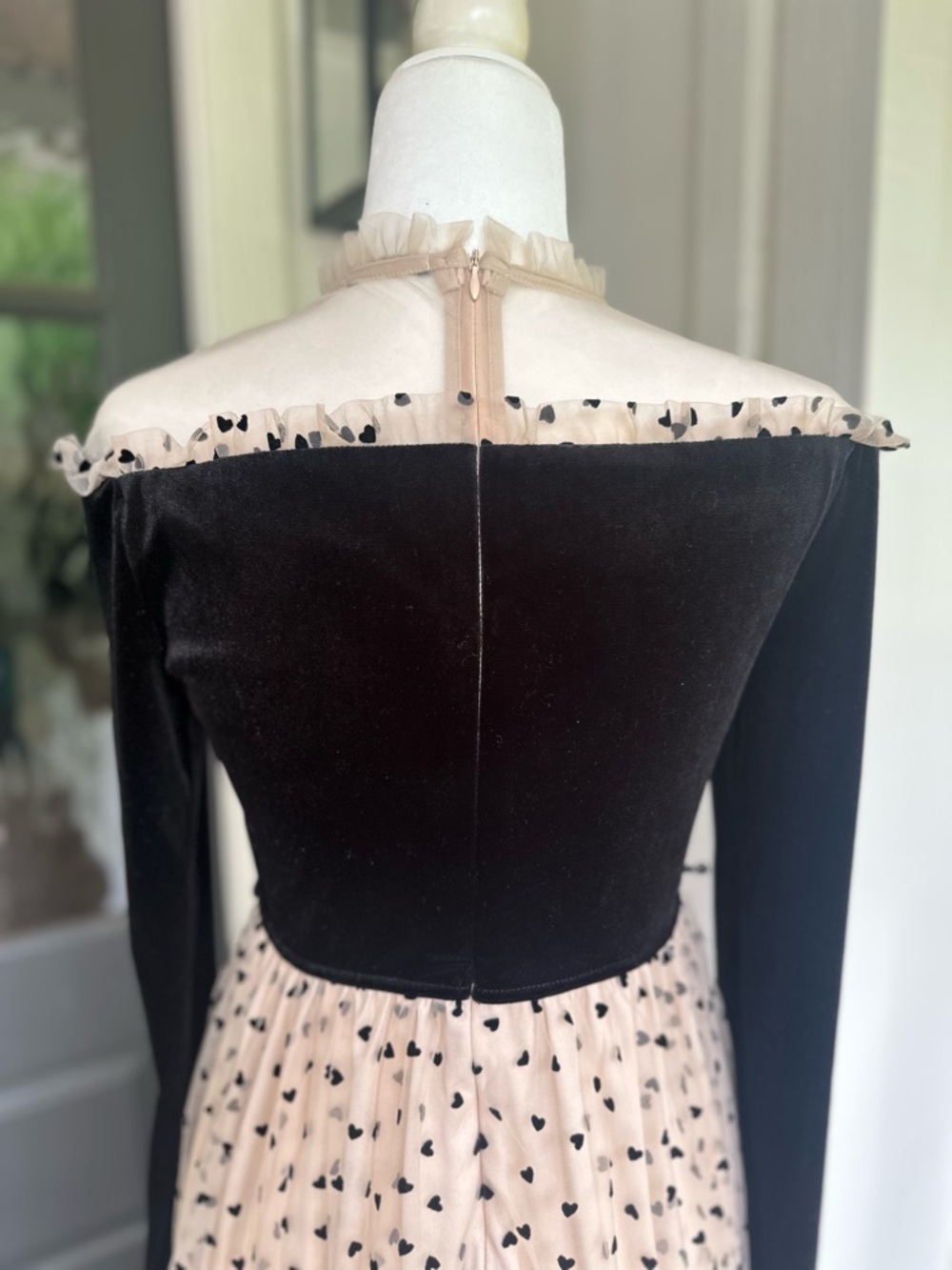 Women’s MOTF Small Elegant Black Velvet & Cream with Hearts - Long-Sleeve Dress - Picture 6 of 8
